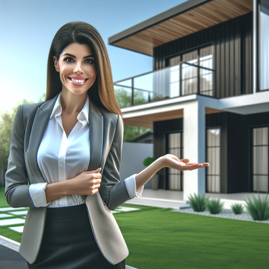 Realistic stock image of a happy real estate agent showing a property.